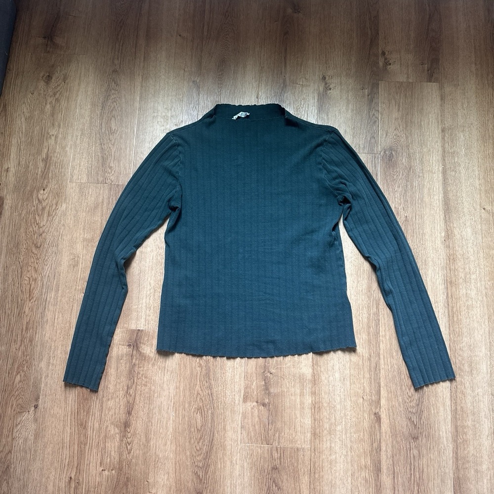 LA Relaxed Green Pointelle Mock Neck Long Sleeve Top Size M